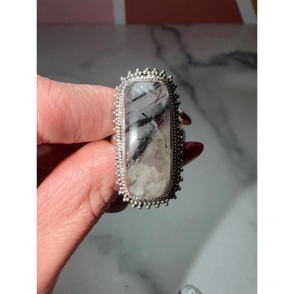 Large Tourmaline & Quartz Sterling Silver Ring: Size 7 - Picture 3 of 9